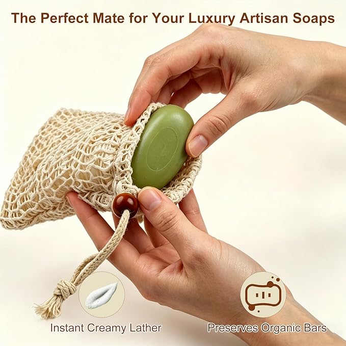 Soap Bag, 6-Pack - Sisal Soap Saver Bag for Shower & Bath, Bar Soap Pouch for Organic Handmade Soap, Post-Workout Body Scrubber for Gym & Travel, Reusable Soap Net