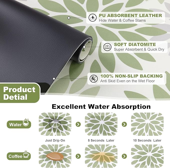 Findosom Floral Dish Drying Mat, 16" x 20" Super Absorbent & Hide Stain Coffee Mat, Cuttable Drying Mat for Kitchen Counter, Under Dish Rack, Coffee Maker, Espresso Machine, Sage Green