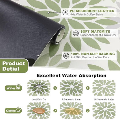 Findosom Floral Dish Drying Mat, 16" x 20" Super Absorbent & Hide Stain Coffee Mat, Cuttable Drying Mat for Kitchen Counter, Under Dish Rack, Coffee Maker, Espresso Machine, Sage Green
