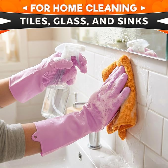 ALPENKOK Silicone Dishwashing Gloves with Scrubber – Non-Slip Silicone Gloves wor Washing Dishes | Household Use