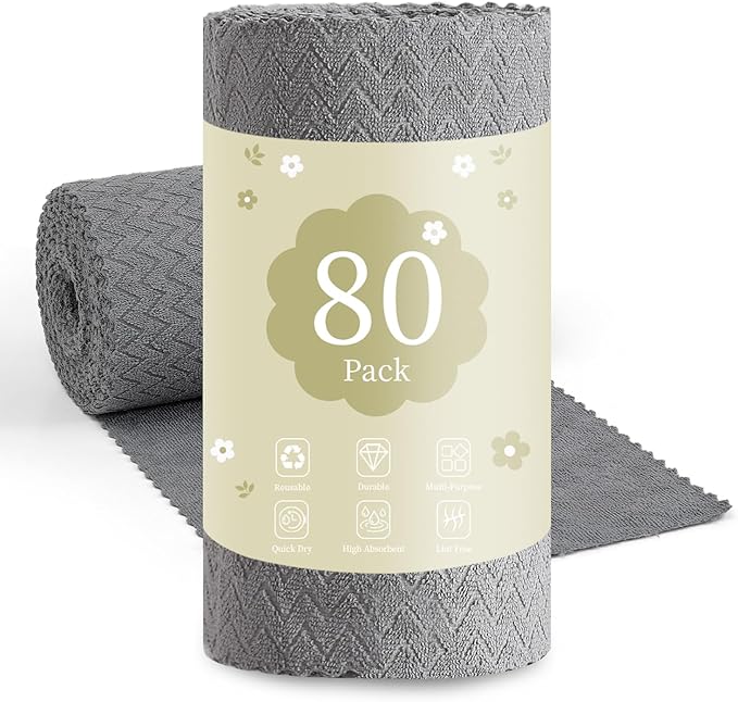 80 Pack Microfiber Cleaning Cloth Roll Reusable Paper Towels 12"x12" Tear Away Cloth,Absorbent Dish Rags for House Kitchen,Wash Cloths,Lint Free Rags for Window Cars Cleaning Supplies