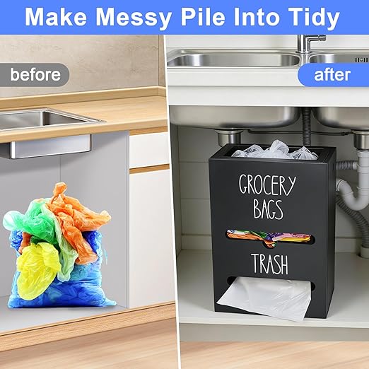 Trash Bag Dispenser, 2-in-1 Wall Mount Wooden Garbage Bag Holder, Under Sink Organizer for 4-13 Gallon Bags & Plastic Grocery Bags, Kitchen Cabinet Storage with Top Slot, Black