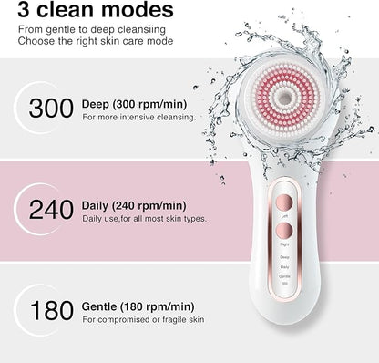 UMICKOO Electric Facial Cleansing Brush, 2-Way Rotating Face Scrubber for Daily & Deep Cleaning, 3 Modes, 5 Brush Heads, Rechargeable, IPX7 Waterproof for All Skin Types