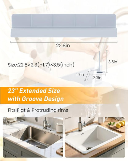 Kitchen Sink Splash Guard 23" 18" 30" Silicone Water Guard with Strong Suction Cups, Faucet & Countertop Protector, Bathroom & Sink Edge Splash Guard Strip, Dishwasher Safe-Grey 23"