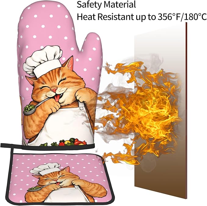 Cat Oven Mitts - Pink Oven Mitts and Pot Holders Sets of 2 Cute Kitten Cooker Kitchen Mitts Hot Pads for Baking Grilling