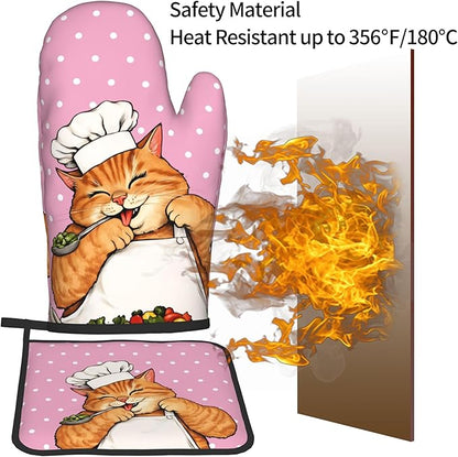 Cat Oven Mitts - Pink Oven Mitts and Pot Holders Sets of 2 Cute Kitten Cooker Kitchen Mitts Hot Pads for Baking Grilling