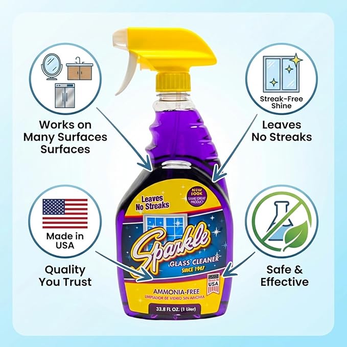 Sparkle Glass Cleaner, Ammonia-Free Streak-Free Formula, 33.8 fl oz Spray Bottle, Safe for Windows, Mirrors & Glass Surfaces (Pack of 2)