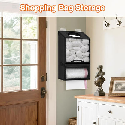 Plastic Bag Holder for Grocery Bags - Large Wall Mount Grocery Bag Holder with Dispenser for Kitchen, Oxford Cloth 2-in-1 Space-saving Plastic Bags Organizer, Black