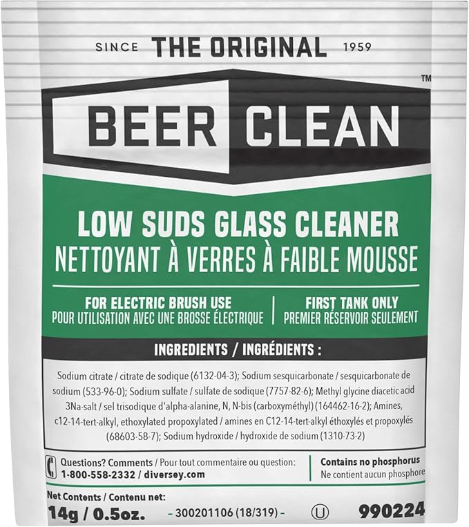 BEER CLEAN Diversey 990224 Low Suds Glass Cleaner for Electric Brushing, Portion Control Bar Glass Washing Powder, Unscented, Packet, 0.5-Ounce (Pack of 100)