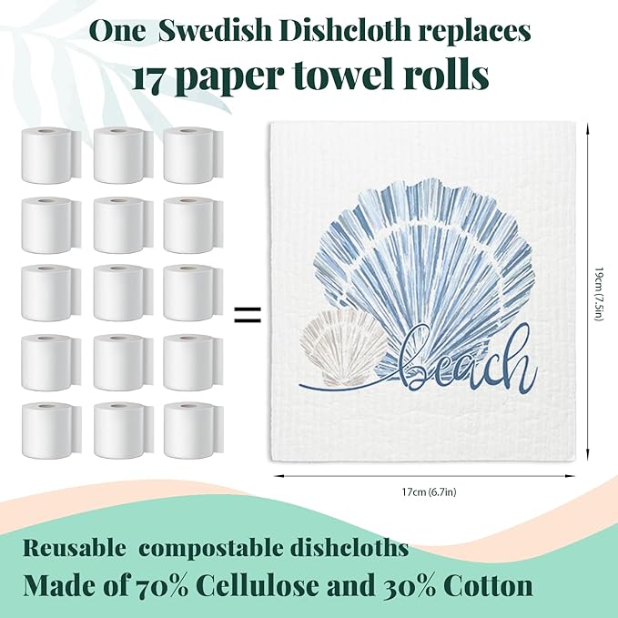 Beach Ocean Swedish Dishcloths for Kitchen, Shells Swedish Dish Cloths for Ocean, 4 Pack Dish Towels for Kitchen, Papaya Reusable Paper Towels Washable