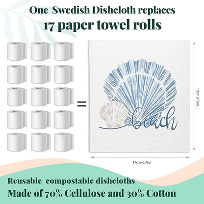 Beach Ocean Swedish Dishcloths for Kitchen, Shells Swedish Dish Cloths for Ocean, 4 Pack Dish Towels for Kitchen, Papaya Reusable Paper Towels Washable