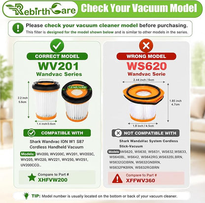 6 Pack WV201 Filter Replacement for Shark Wandvac ION W1 S87 Cordless Handheld Vacuum, Compatible with WV200, WV201, WV205, WV220, WV201BK, Compare to Part # XHFWV200