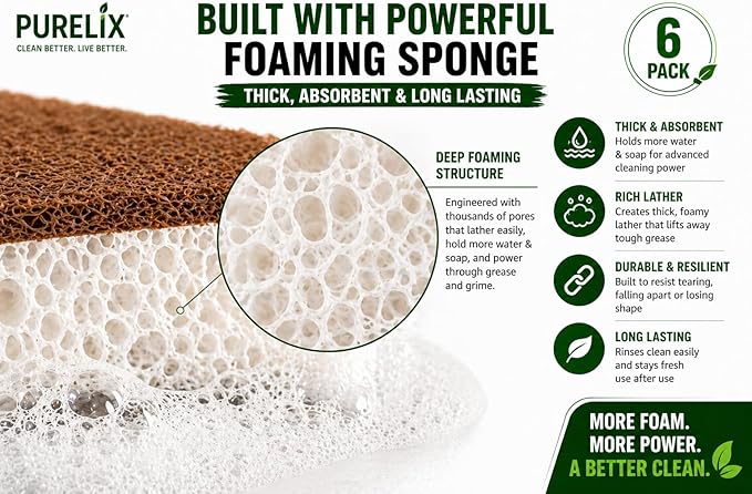 Heavy Duty Scrub Sponges for Dishes – Non-Scratch Kitchen Sponges, Tough on Grease, Safe for Nonstick Cookware, Multi-Purpose Cleaning Sponge (6 Pack)