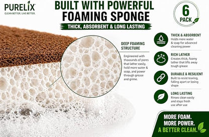 Heavy Duty Scrub Sponges for Dishes – Non-Scratch Kitchen Sponges, Tough on Grease, Safe for Nonstick Cookware, Multi-Purpose Cleaning Sponge (6 Pack)