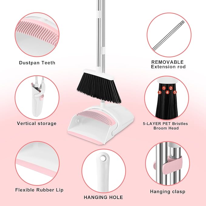 Broom with Dustpan Combo Set for Home, 52-in Long Adjustable Handle Angle Broom and Dustpan Set with Dustpan Comb Teeth for Sweeping Pet Hair Food Dirt Kitchen