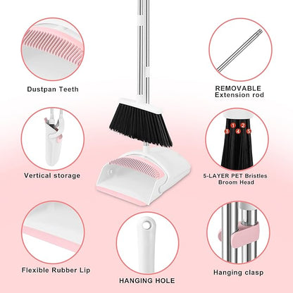 Broom with Dustpan Combo Set for Home, 52-in Long Adjustable Handle Angle Broom and Dustpan Set with Dustpan Comb Teeth for Sweeping Pet Hair Food Dirt Kitchen