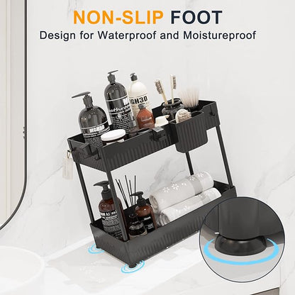 Sevenblue 2 Pack Under Sink Organizer, Under Bathroom Cabinet Organizer with Hooks Hanging Cup, Multi-Purpose Storage Shelf for Kitchen Bathroom (Black, 14.8 Inch)