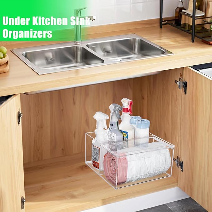 Acrylic Trash Bag Holder Dispenser Kitchen and Bathroom Organizers and Storage - Large Garbage Bag Dispenser Under Sink - Clear Laundry Room Organization with Lid