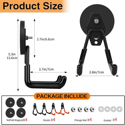 4 Pack Strong Magnet Hooks Heavy Duty, Rubber Coated No Damage Hook for Garage Storage, Dual Hook Design, Large Magnetic Hangers for Tools, Garden, Workshop (Orange2pcs + Black2pcs)