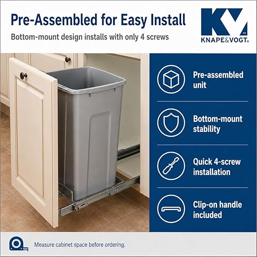 Knape & Vogt SCB9-1-20PT 8.375 inch x 20.125 inch x 17.313 inch 20 Qt. in-Cabinet Single Soft-Close Bottom-Mount Pull-Out Trash Can, Platinum