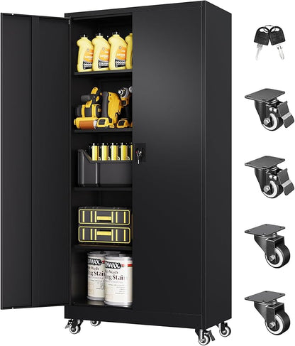 Metal Storage Cabinet with Wheels, Tall Garage Storage Cabinet with 4 Adjustable Shelves and 2 Doors, Lockable Tool Cabinet for Garage Home Office,Gym,School(Black)