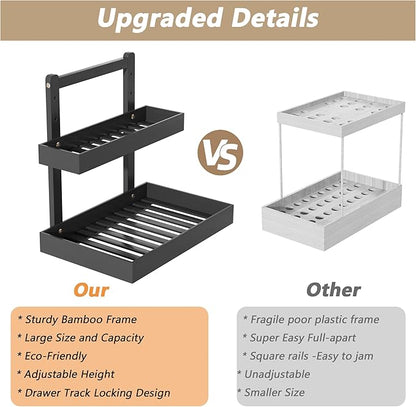 Bamboo Under Sink Storage 2 Tier Pull Out Cabinet Organizer Slide Out Under Sink Storage Shelf Undersink Organizers Shelves for Kitchen Bathroom Organization (Black, 1 Pack)
