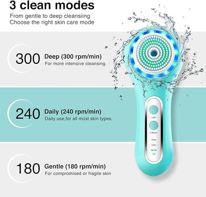 UMICKOO Electric Facial Cleansing Brush, 2-Way Rotating Face Scrubber for Daily & Deep Cleaning, 3 Modes, 5 Brush Heads, Rechargeable, IPX7 Waterproof for All Skin Types
