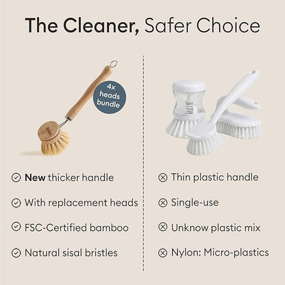 Vove Plastic-Free Dish Brush Bundle, Bamboo Dish Brush and Scrub Brush with 3 Replacement Heads, FSC-Certified Bamboo with Natural Fiber Bristles, Complete Zero-Waste Kitchen Cleaning Set