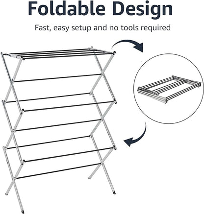 Amazon Basics Foldable Portable Metal Clothes Drying Rack for Indoor Air Drying, Energy Saving, 14.5 x 29.5 x 41.8 inches, Chrome Silver