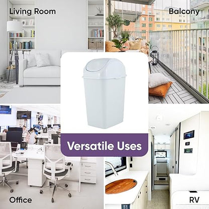 Superio Medium Trash Can with Lid 4.5 Gallon Plastic Swing Top Garbage Can Slim Waste Bin for Under Sink/Cabinet, Laundry Room, Kitchen, Office, Bedroom, Bathroom, College Dorm, 18 Qt, White