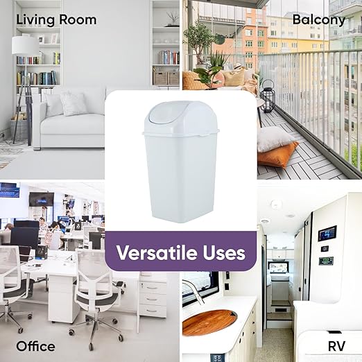 Superio Medium Trash Can with Lid 4.5 Gallon Plastic Swing Top Garbage Can Slim Waste Bin for Under Sink/Cabinet, Laundry Room, Kitchen, Office, Bedroom, Bathroom, College Dorm, 18 Qt, White, 2