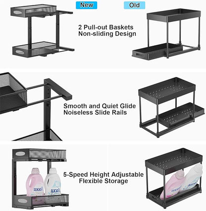 1 Pack Under Sink Pull Out Organizer, 2-Tier Adjustable Height Carbon Steel Storage Rack for Kitchen and Bathroom Cabinet, Black