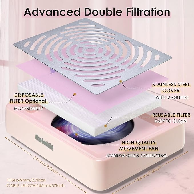 Nail Dust Collector with Lamp&50pcs Disposable Filter&Dusting Brush, Electric Nail Vacuum Cleaner Dust Fan Suction Machine for Manicure Acrylic Gel Nails Polishing, Low Noise,Salon Home