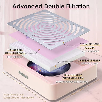 Nail Dust Collector with Lamp&50pcs Disposable Filter&Dusting Brush, Electric Nail Vacuum Cleaner Dust Fan Suction Machine for Manicure Acrylic Gel Nails Polishing, Low Noise,Salon Home