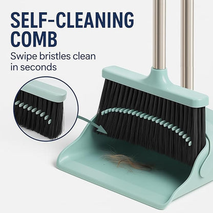 Broom and Dustpan Set, Green 52-Inch Adjustable Handle Upright Broom with Self-Cleaning Comb Teeth, Pet-Hair Friendly Sweeping for Indoor Hard Floors