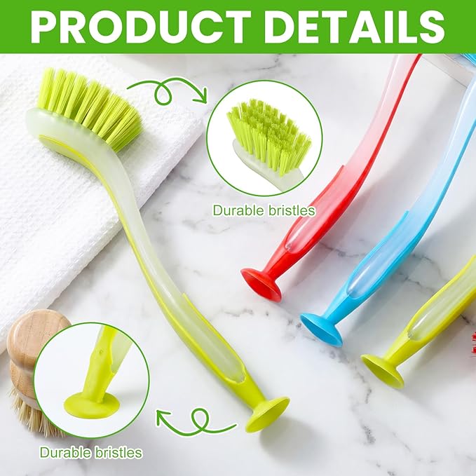 Boao 10 Pieces Long Dish Brush with Handle Assorted Color Dishwashing Brush with Suction Cup Multipurpose Cleaning Tool for Kitchen, Toilet, Etc
