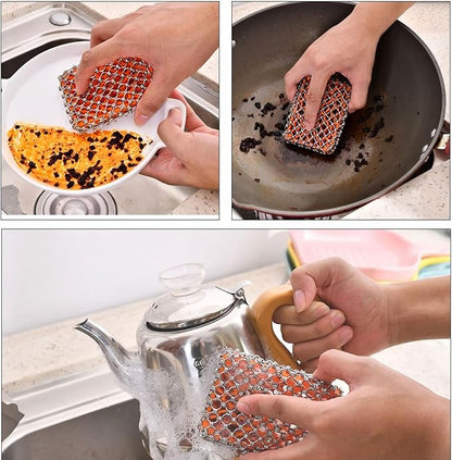 2026 Upgrade 316 Stainless Steel Pan Cleaner,4.5 Inch Triple-Ring Chain Mail Scrubber with Silicone Core, Cast Iron Pot Brush for Easier Removal of Stubborn Oil Stains & Food Residue-Red