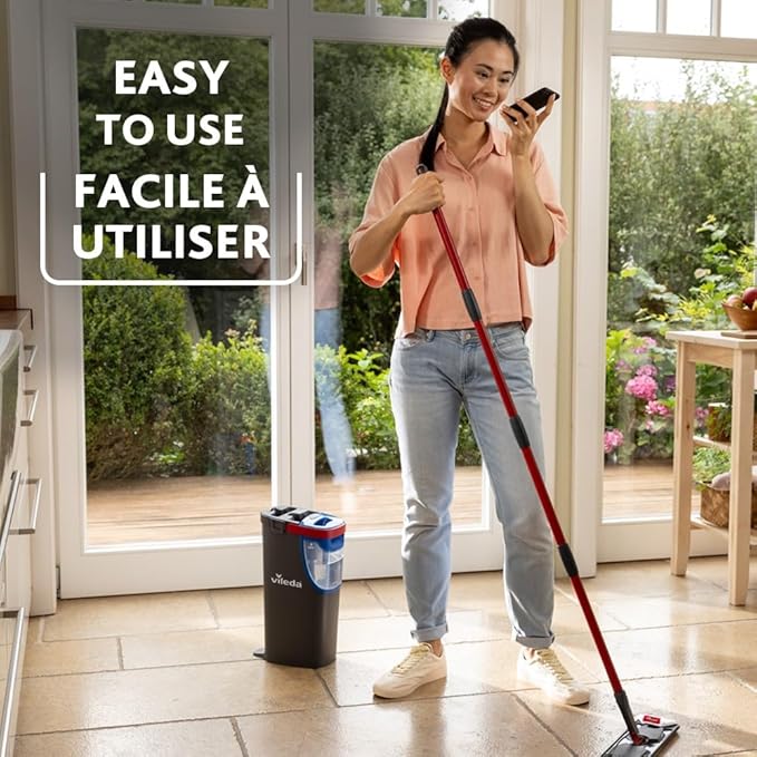 Vileda H2prO Flat Mop and Bucket Set | 100% Clean & Dirty Water Separation | Wall Mop, Baseboard Cleaning Tool | Machine Washable Reusable Microfiber Mop Head | Safe on All Floor Types