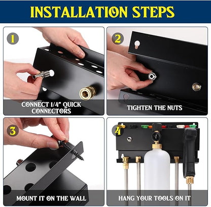 DoubleFill Pressure Washer Gun Holder, Wall Mount Foam Cannon Holder, Car Wash Accessories Organizer for Wand/Nozzle Tips, 1/4'' Pressure Washer Accessories Storage Rack(Black)