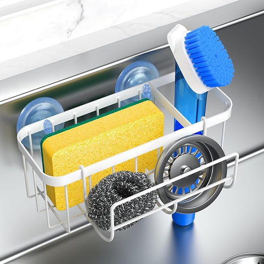 3-in-1 Kitchen Sink Caddy Organizer with Sponge Holder, Brush Holder, Extra Rack for Scrubber, Sink Stopper, Dish Cloth Hanger - Strong Dual Suction Cup, 2.0mm SUS304 Stainless Steel - White