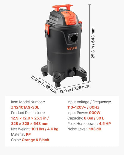 VEVOR Shop Vac, 8 Gallon Wet Dry Shop Vacuum, 4.5 Peak HP Portable with One-Button Self-Cleaning, Dual-Filter, 900W Input Power, 1.25in x 7ft Hose, 9.8ft Cord for Jobsite, Workshop, Garage, Home