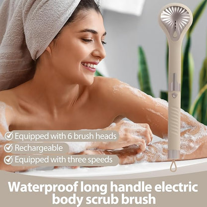 Electric Body Brush Back Scrubber for Shower, Waterproof Long Handle Power Body Scrubber with 6 Heads, Rechargeable Bath Brush & 3 Speeds, for Cleansing, Exfoliating and Massaging Skin (Yellow)