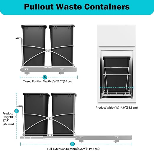Pull Out Trash Can Under Cabinet 35QT Capacity 14"Wx22"D, Heavy Duty Kitchen Garbage Bin Soft-Close Full Extension Slides, Cabinets Cabinet Trash Can Slide Out Waste Container for Kitchen, Black