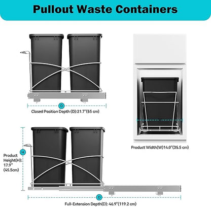 Pull Out Trash Can Under Cabinet 35QT Capacity 14"Wx22"D, Heavy Duty Kitchen Garbage Bin Soft-Close Full Extension Slides, Cabinets Cabinet Trash Can Slide Out Waste Container for Kitchen, Black