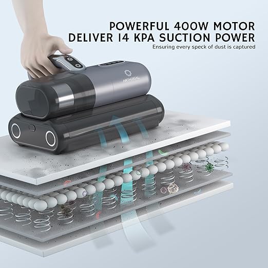 AIRTHEREAL Bundle | M1 Mattress Vacuum Cleaner with 4-Spare Filters, Bed Vacuum with High-Frequency Vibration - 80,000 RPM Dual Brushroll Rotation, UV-C Light, Dust Sensor