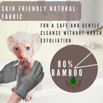 Sphynx Hairless Cats Bamboo Bath Gloves - Gentle Shower and Body Scrub Set (3 Pairs)