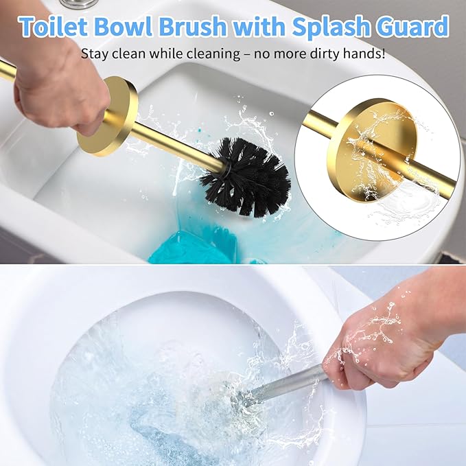 Stainless Steel Toilet Brush and Holder Set Brushed Silver Heavy Duty Toilet Bowl Brush with Long Handle for Bathroom and Farmhouse (Gold)