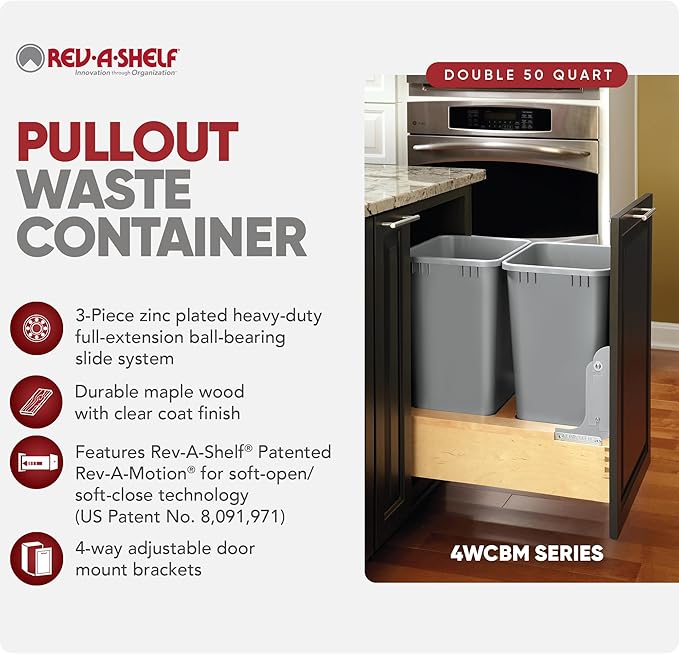 Rev-A-Shelf 50 Qt Bottom Mount Double Pullout Under Cabinet Trash Cans w/Soft-Close for Base Cabinets, Min Opening Width of 17.5", Metallic Silver, 4WCBM-2150DM-2
