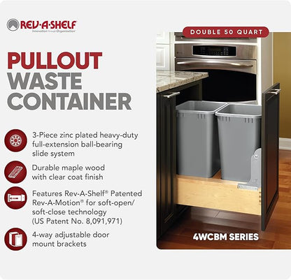 Rev-A-Shelf 50 Qt Bottom Mount Double Pullout Under Cabinet Trash Cans w/Soft-Close for Base Cabinets, Min Opening Width of 17.5", Metallic Silver, 4WCBM-2150DM-2