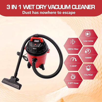 4 Gallon Wet Dry Vacuum Cleaner 1.34 Hp Shop Vacuum 1000W Portable Wet Dry Vac with Blower Function Floor Cleaner for Cleaning Car, Boat, Pet Hair, Hard Floor